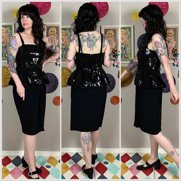 Vintage 1980s Sleeveless Black Sequins Peplum Cocktail Dress - Picture 3 of 8